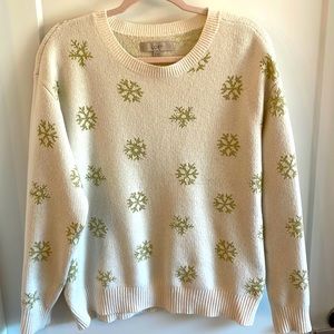 Loft XL White Sweater with Gold Snowflakes